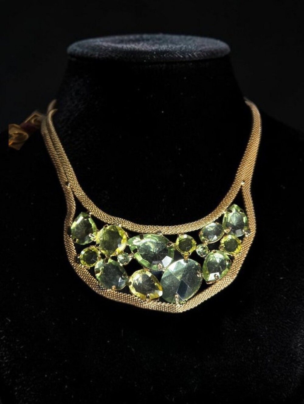 Signed You and I Gold-Tone Mesh & UV Reactive Green Crystal Bib Necklace